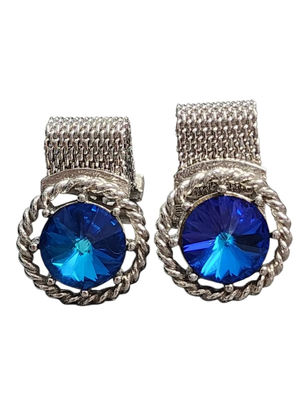 Dante Silvertone Tie Clip Cufflink Set Mesh Blue Rivoli Crystals Vintage